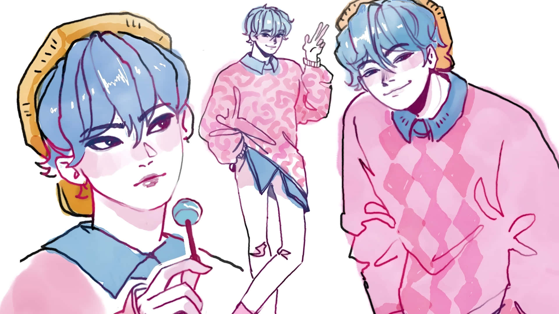 Baby Saja, blue hair, pink sweaters, Full HD Desktop Wallpaper