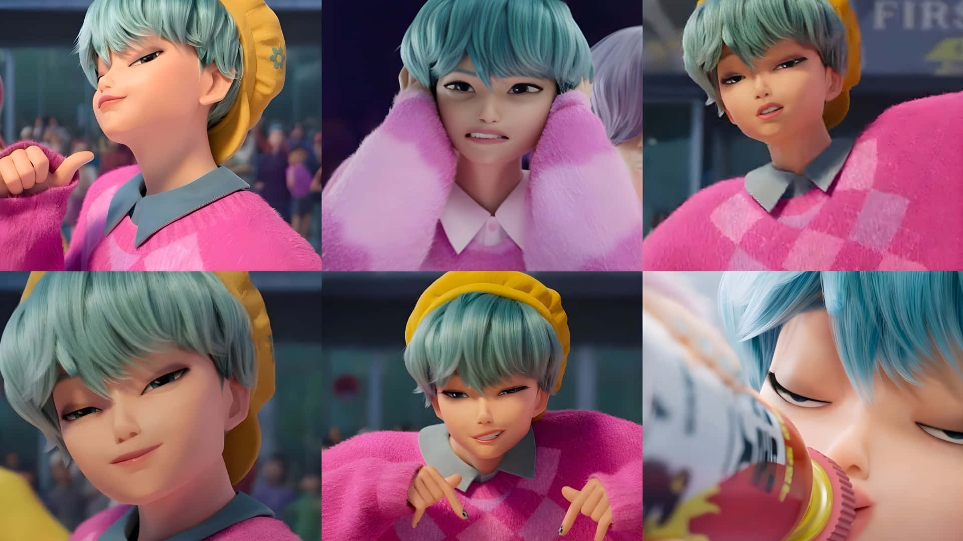 Baby Saja, teal hair, yellow beret, Full HD Desktop Wallpaper