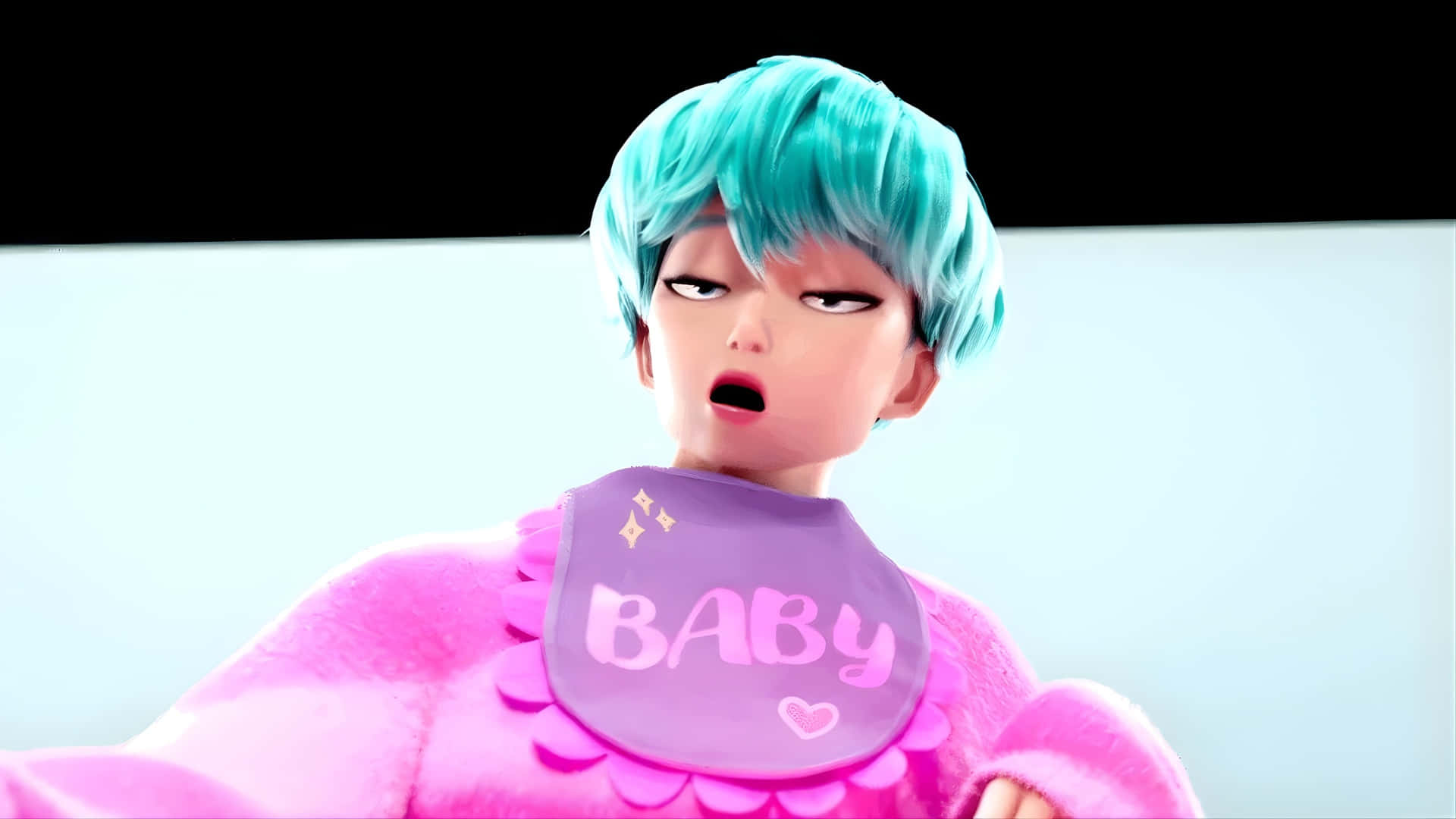 Baby Saja, turquoise hair, pink fuzzy outfit, Full HD Desktop Wallpaper