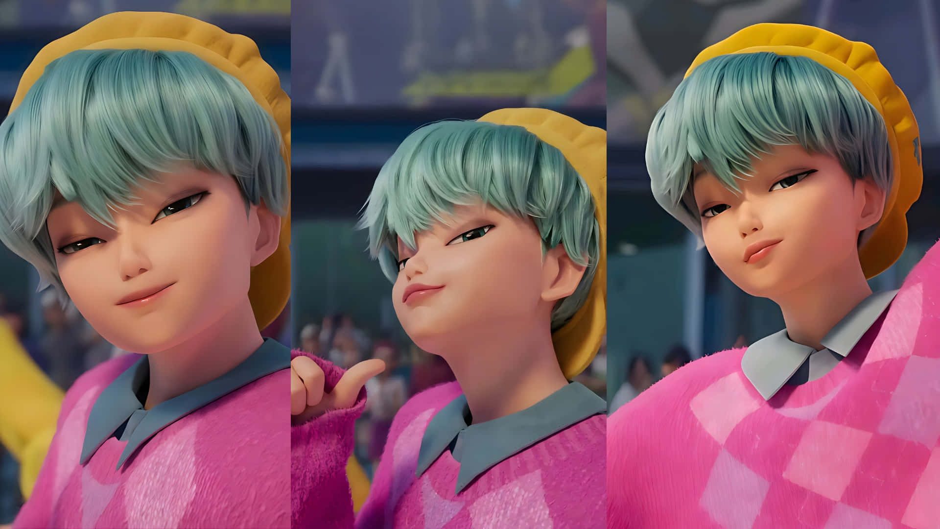 Baby Saja, teal hair, yellow beret, Full HD Desktop Wallpaper