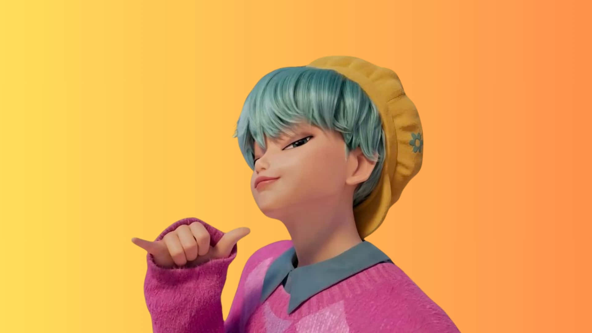 Baby Saja, blue hair, yellow beret, Full HD Desktop Wallpaper