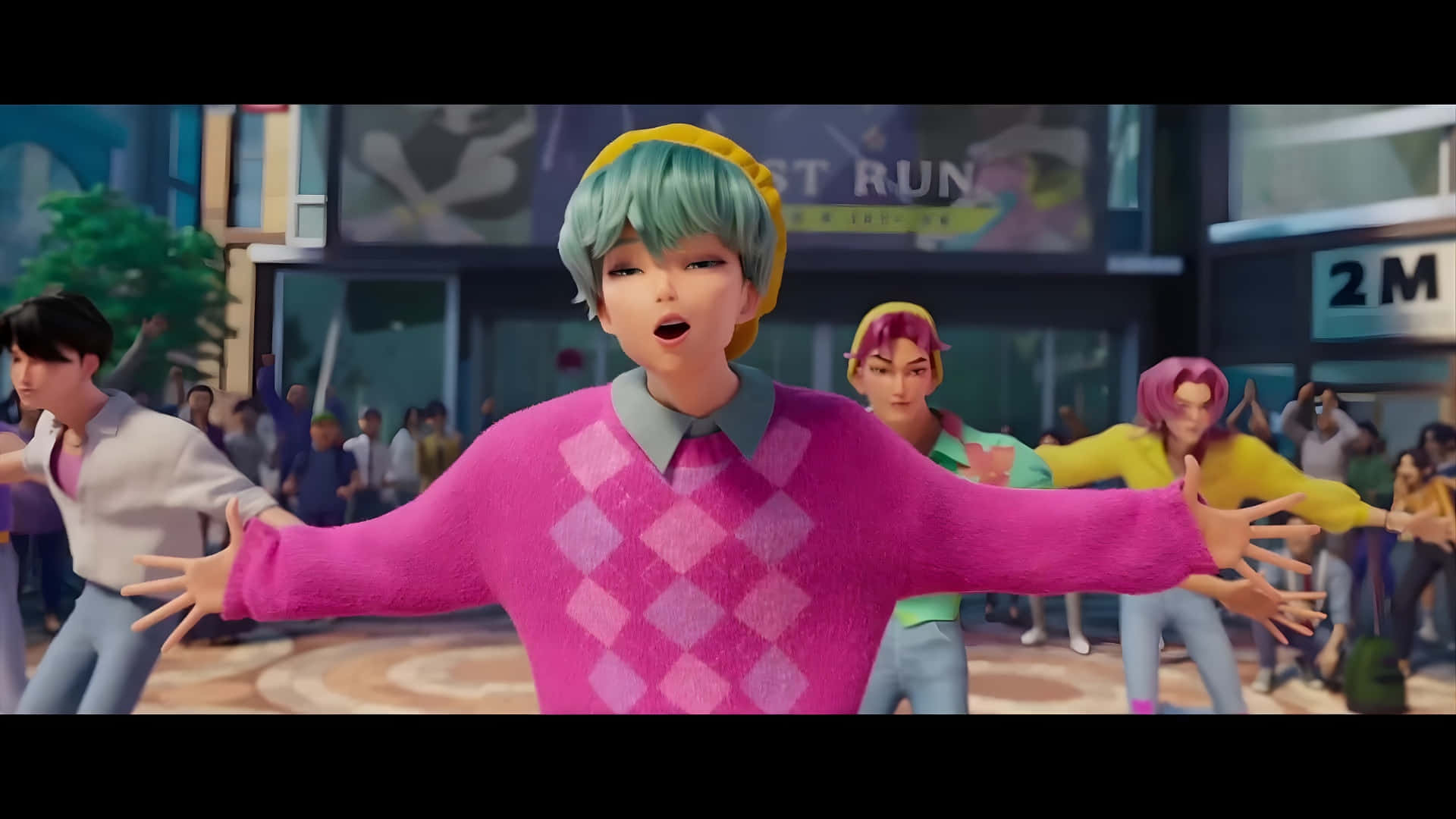 Baby Saja, teal hair, pink argyle sweater, Full HD Desktop Wallpaper