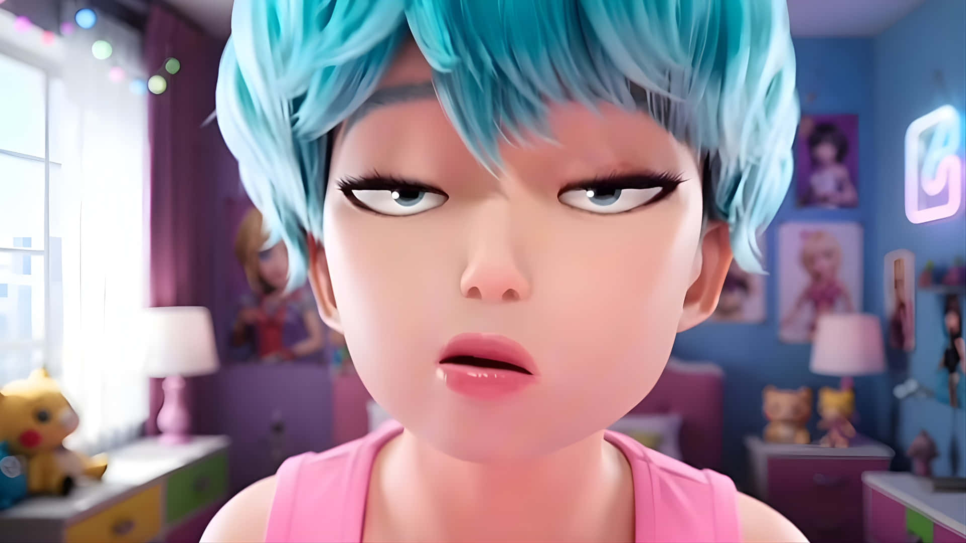 Baby Saja, bright blue hair, pink top, Full HD Desktop Wallpaper