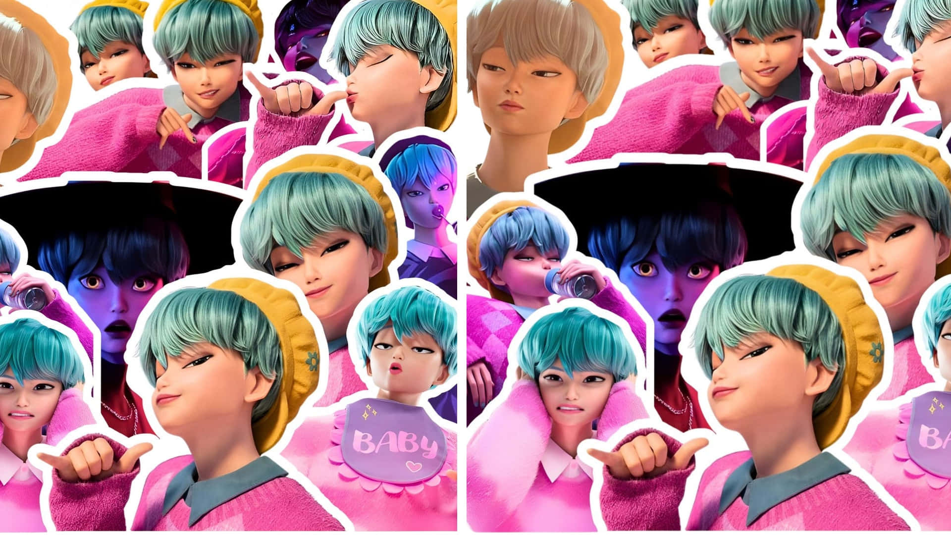 Baby Saja, teal hair, pink outfits, Full HD Desktop Wallpaper