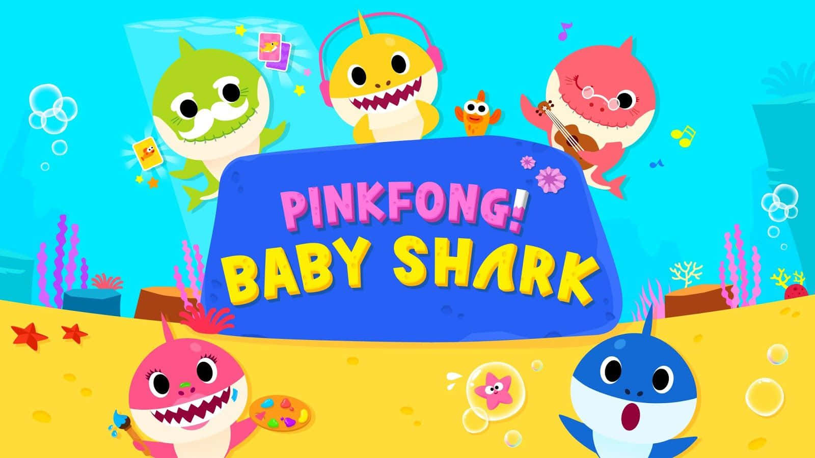 Baby Shark, colorful cartoon sharks, underwater, HD Desktop Wallpaper
