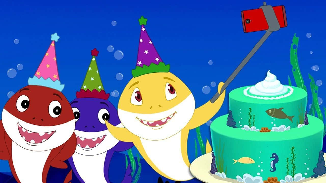 Baby Shark, cartoon sharks, party hats, HD Desktop Wallpaper
