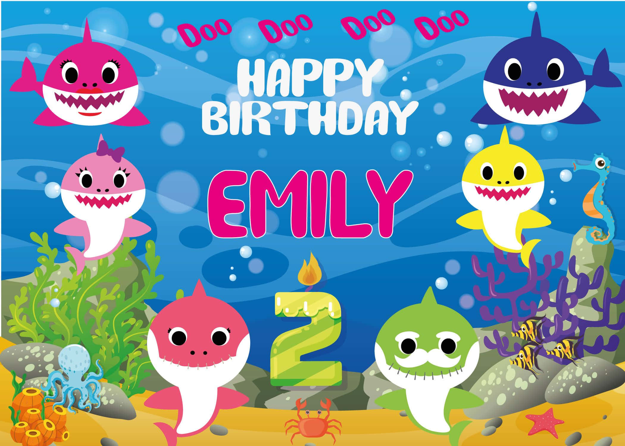 Baby Shark, Happy Birthday Emily, colorful cartoon sharks, Full HD Desktop Wallpaper