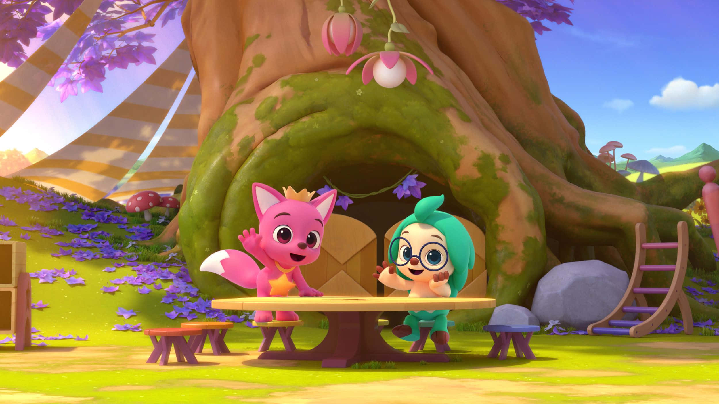 Baby Shark, treehouse, picnic table, Full HD Desktop Wallpaper