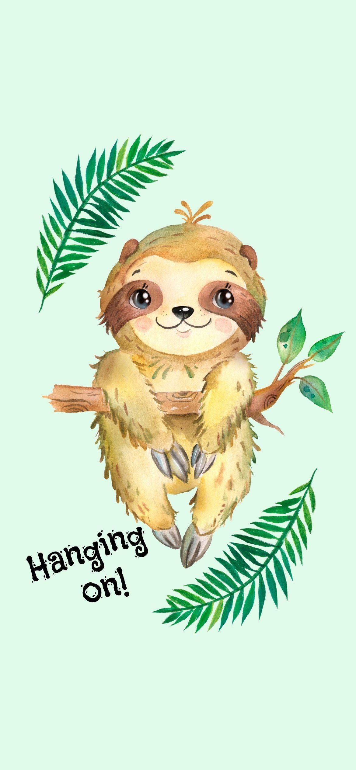 baby sloth, watercolor, branch, Full HD Phone Wallpaper