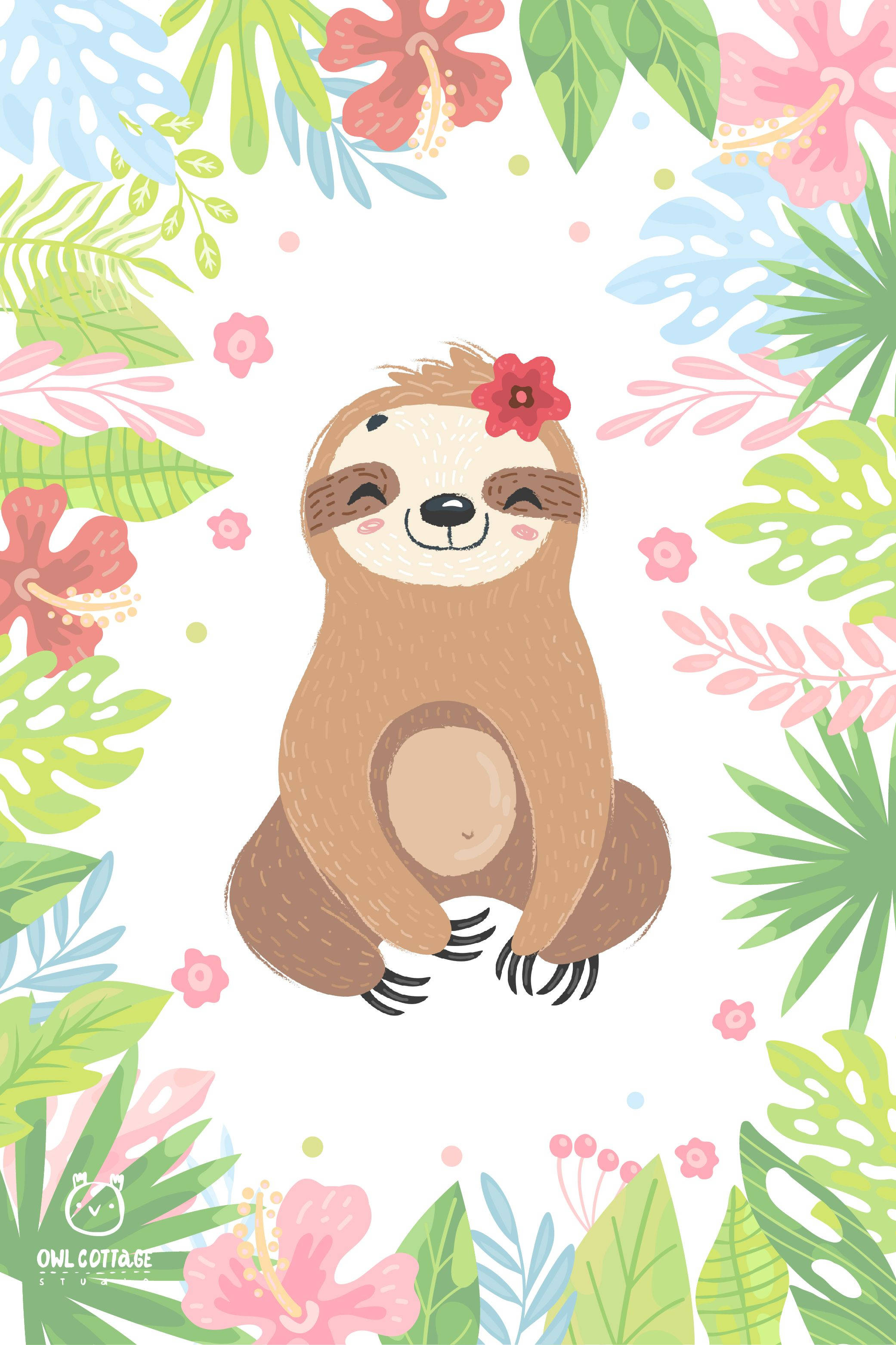 Baby Sloth, red flower, tropical leaves, 2K Phone Wallpaper