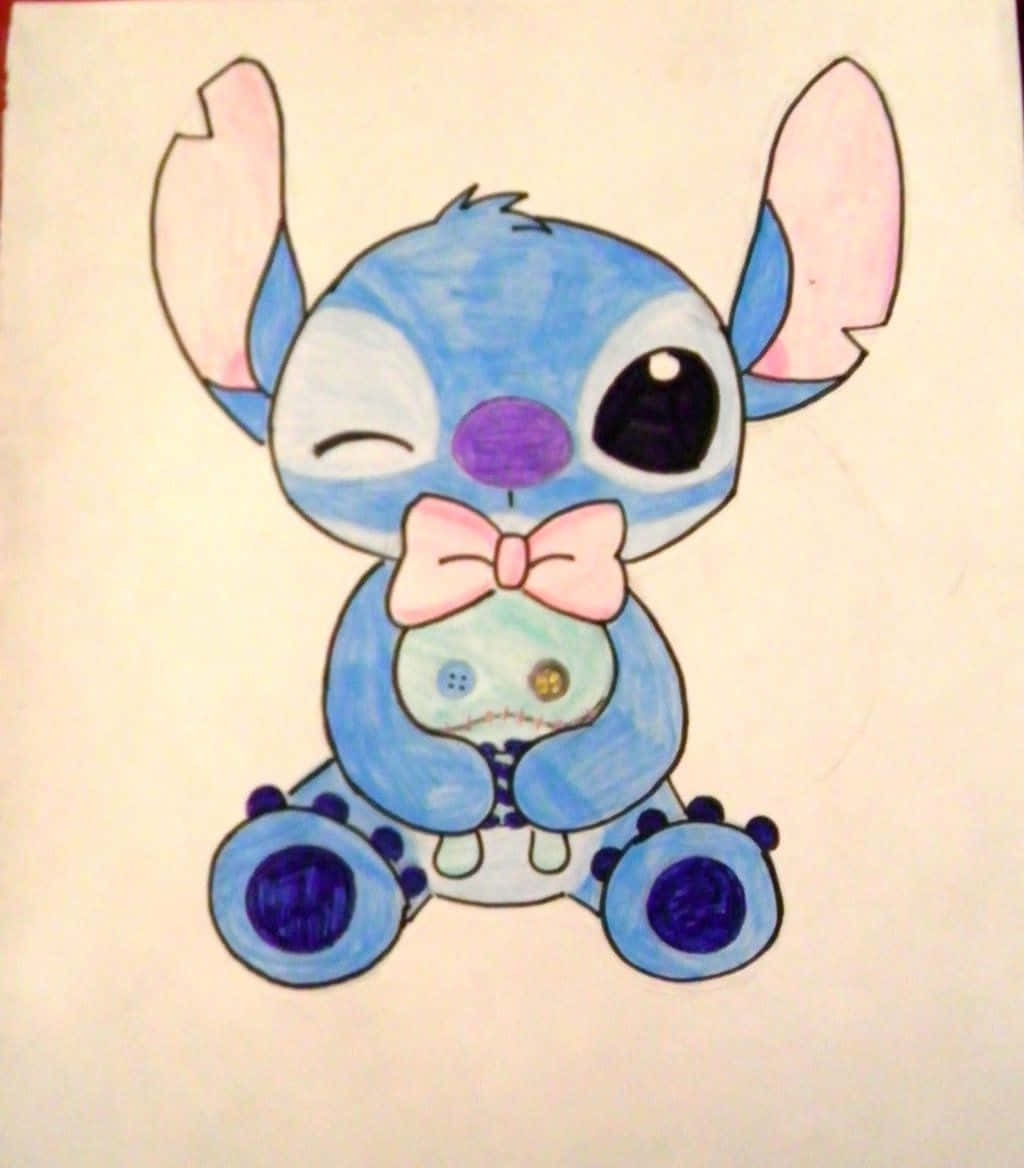 Baby Stitch, blue cartoon alien, one eye closed, SD Phone Wallpaper