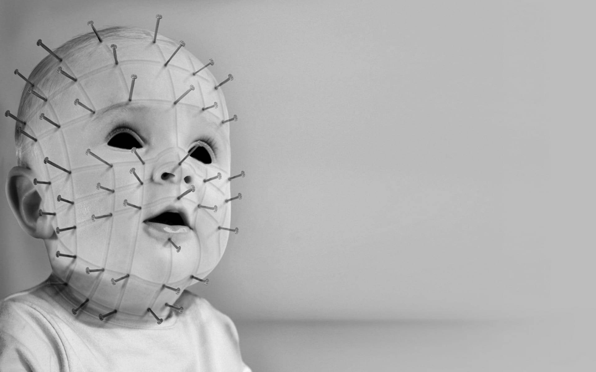 Scary Face Baby Needles, white bandaged head, nails protruding from the tape, Full HD Desktop Wallpaper