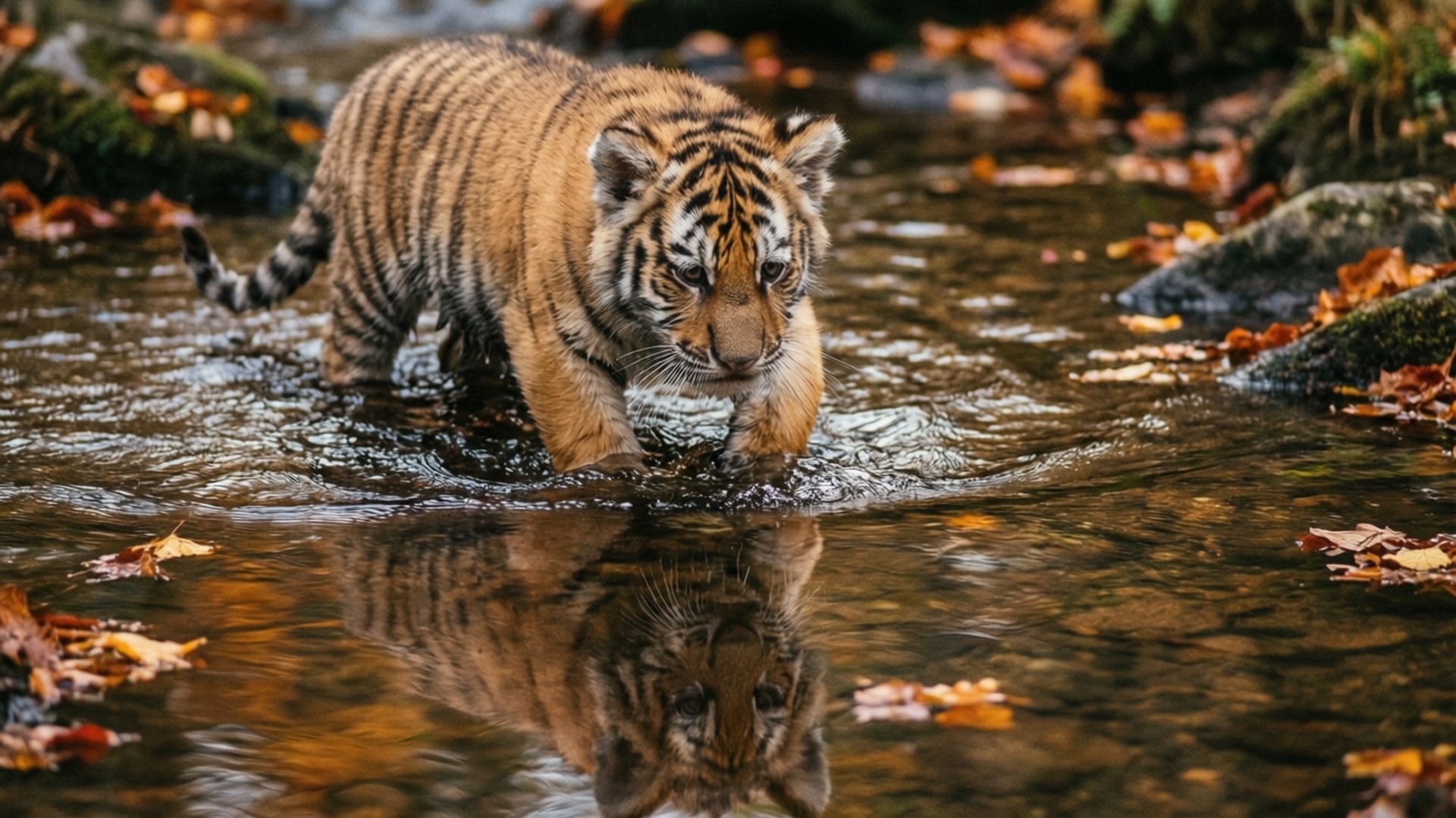 Baby Tiger, orange stripes, shallow stream, Full HD Desktop Wallpaper