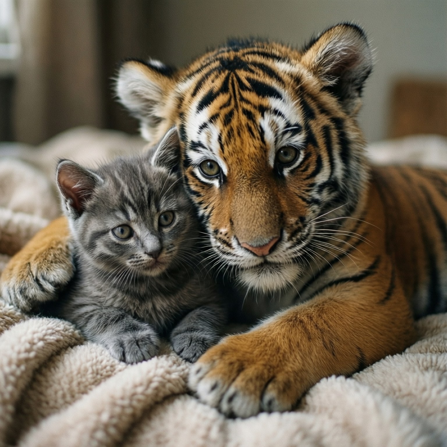 gray tabby kitten, young tiger cub, beige blanket, HD Desktop Wallpaper