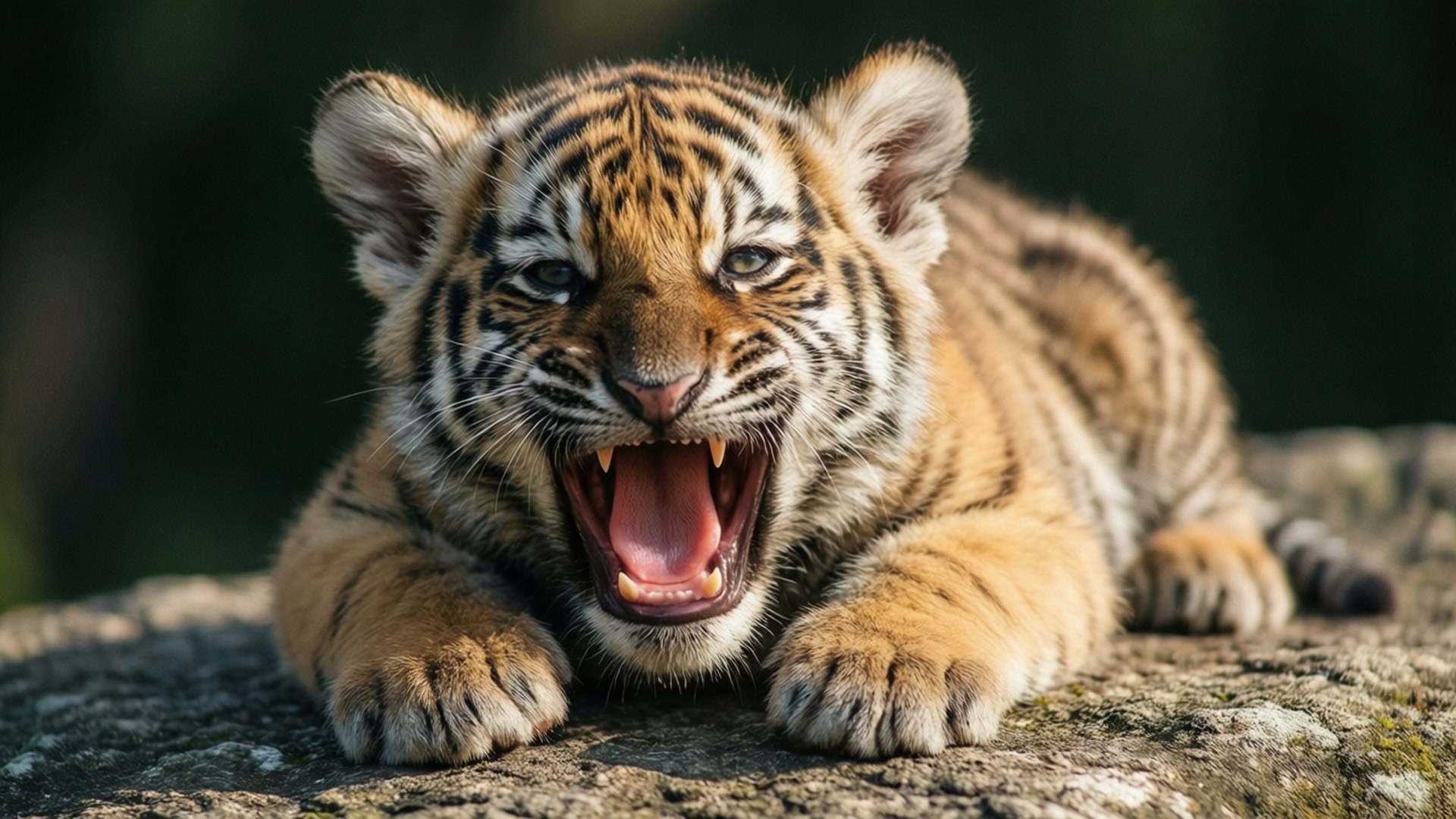 Big Yawn, tiger cub, orange stripes, Full HD Desktop Wallpaper