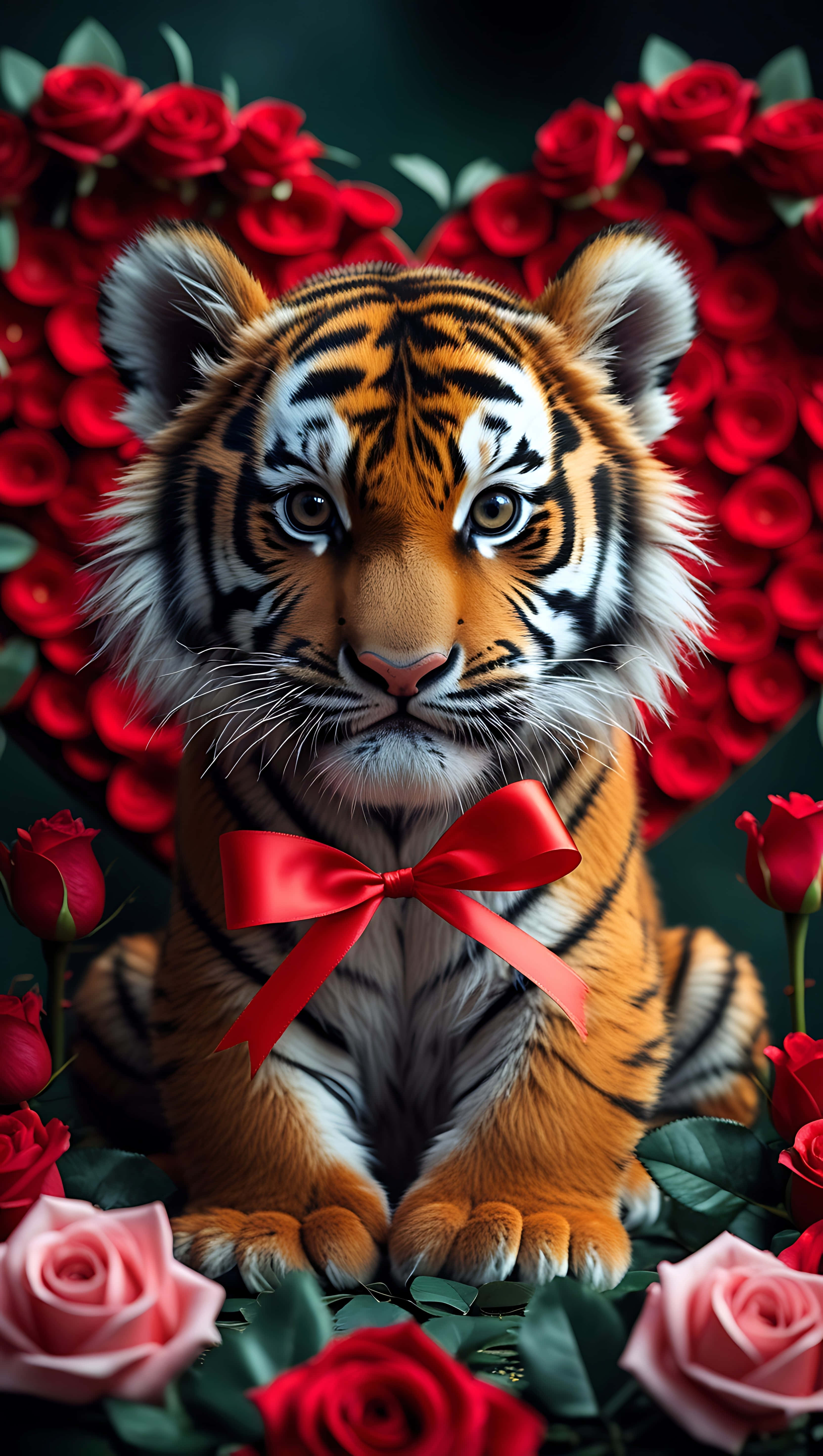 baby tiger, red ribbon, red and pink roses, 5K Phone Wallpaper