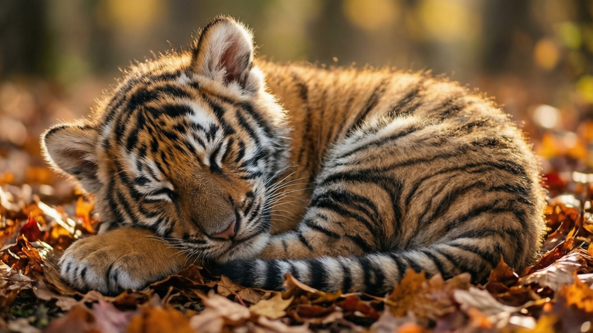 Autumn Slumber, tiger cub, golden autumn leaves, Full HD Desktop Wallpaper