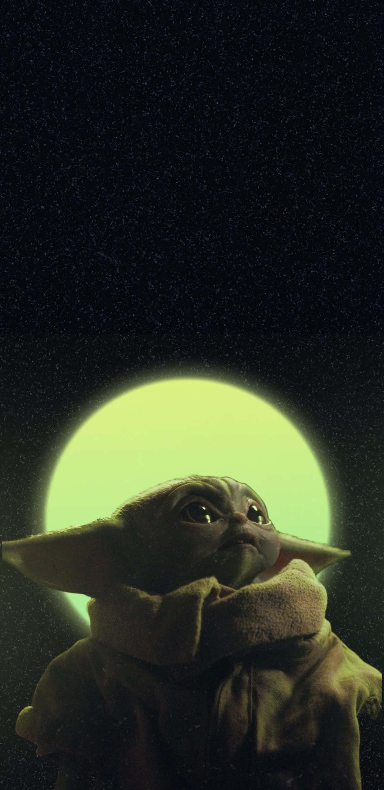 Baby Yoda, starry night sky, glowing green moon, Full HD Phone Wallpaper