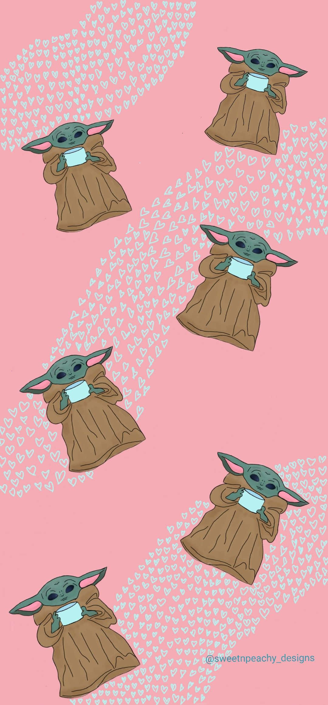 Baby Yoda, pink background, white heart trails, Full HD Phone Wallpaper