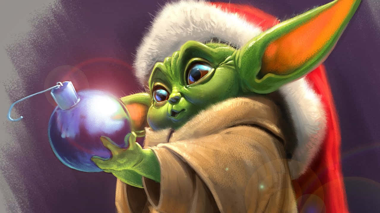Baby Yoda, Santa hat, glowing purple ornament, HD Desktop Wallpaper