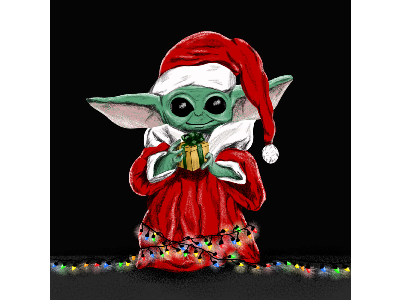 Baby Yoda, red Santa suit, colorful lights, HD Desktop Wallpaper