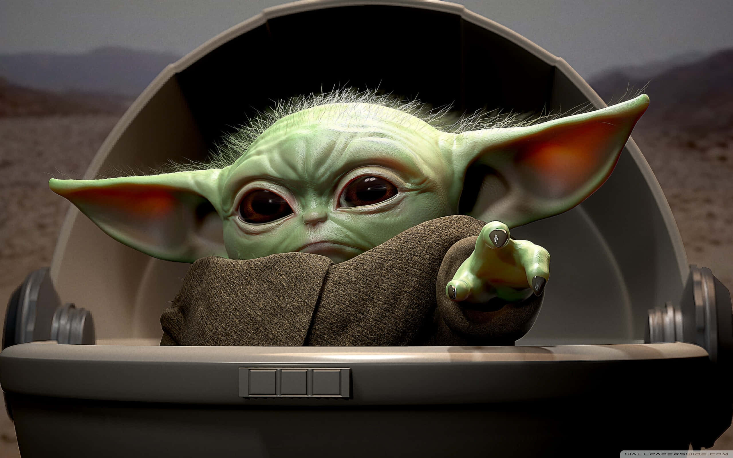 Baby Yoda, green-skinned, spaceship pod, 2K Desktop Wallpaper
