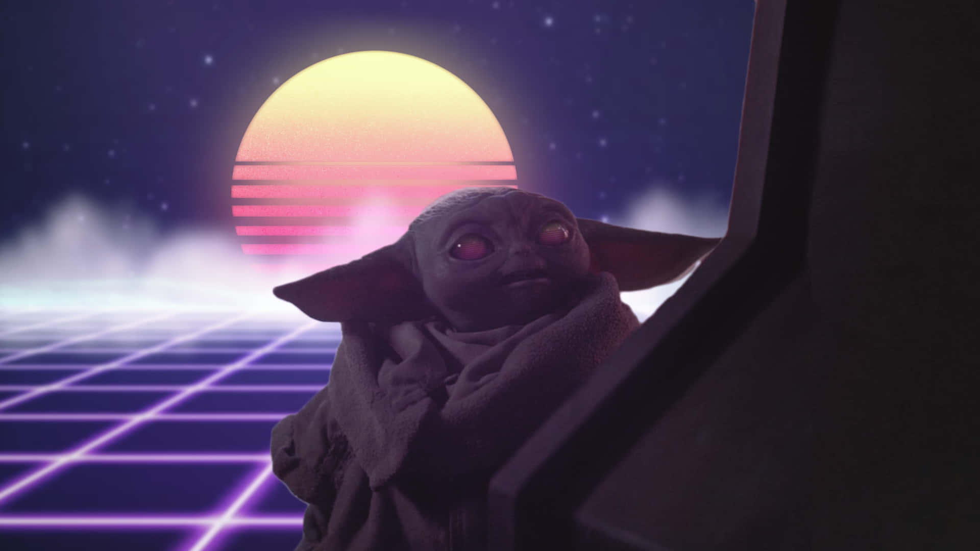 Baby Yoda, red eyes, glowing retro-futuristic sunset, Full HD Desktop Wallpaper