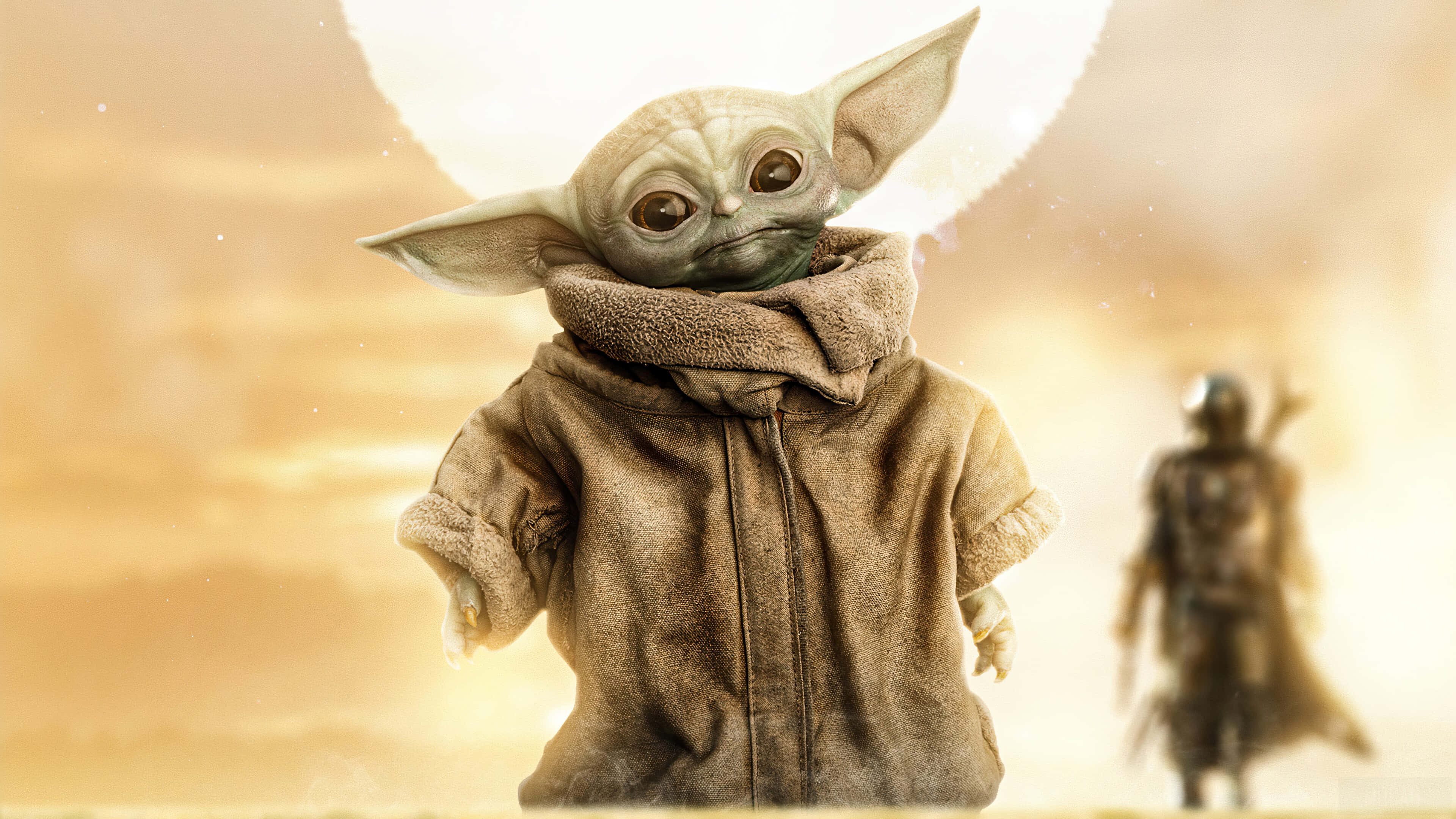 Baby Yoda, desert, glowing moon, 4K Desktop Wallpaper