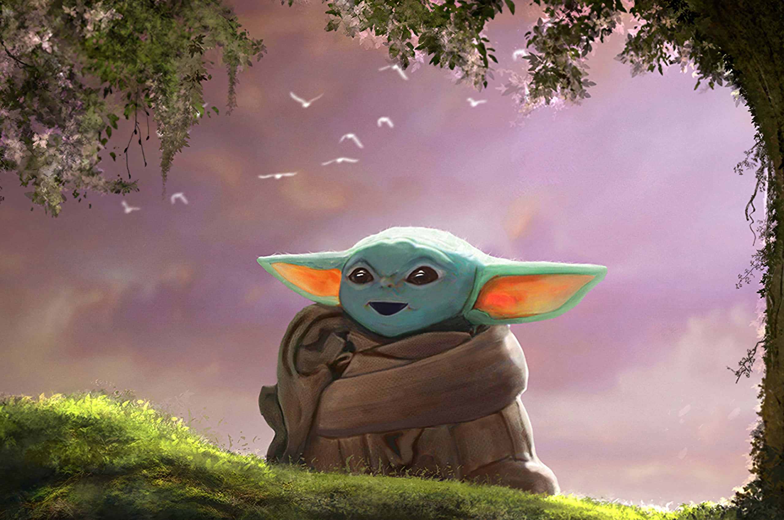 Baby Yoda, green-skinned, brown robe, 2K Desktop Wallpaper
