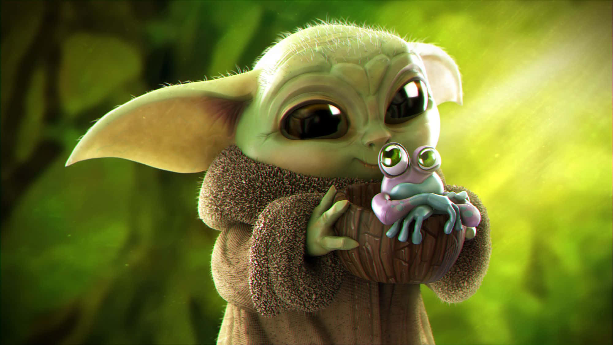 Baby Yoda, green baby Yoda, purple frog, Full HD Desktop Wallpaper