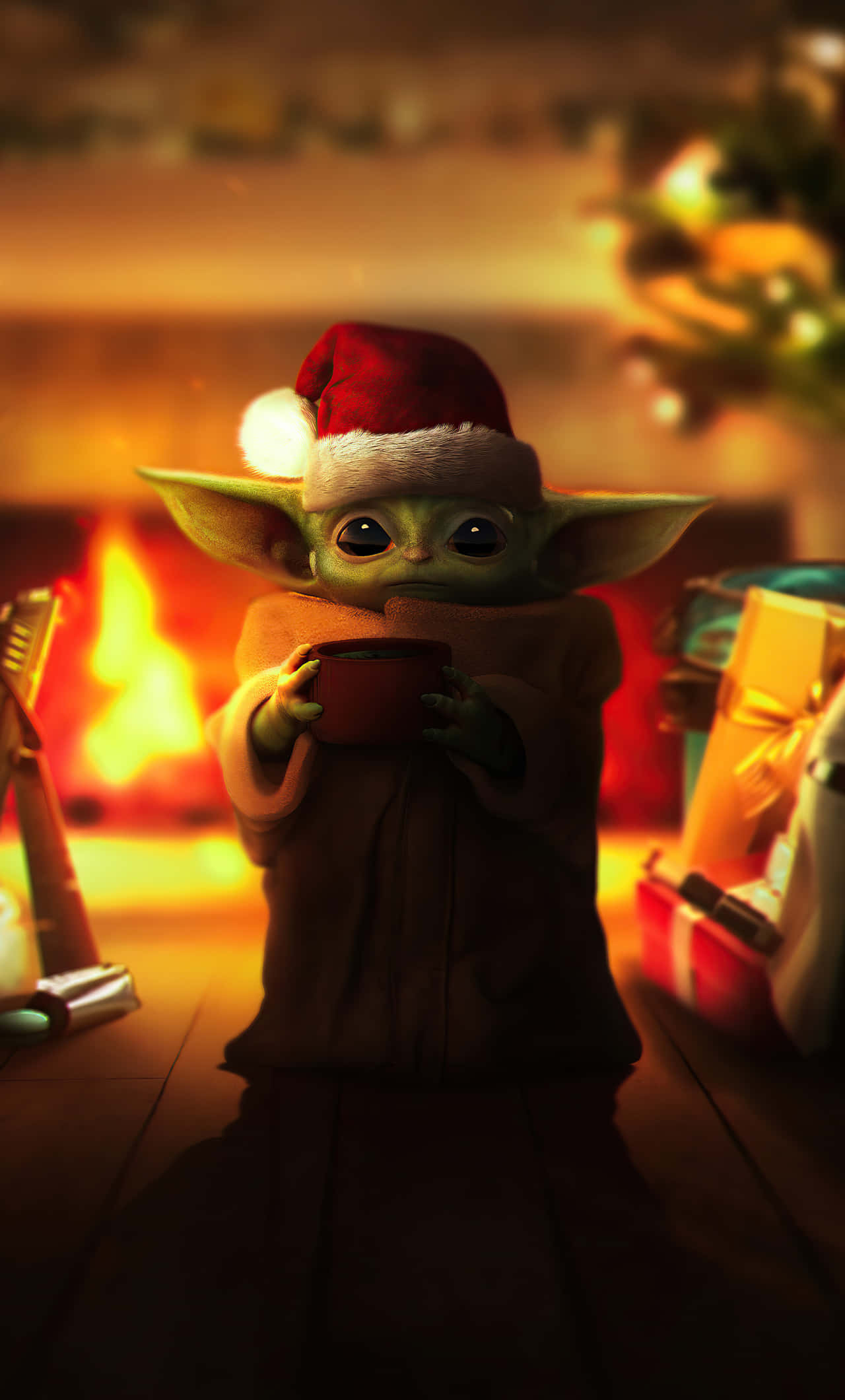Baby Yoda, Santa hat, mug, Full HD Phone Wallpaper