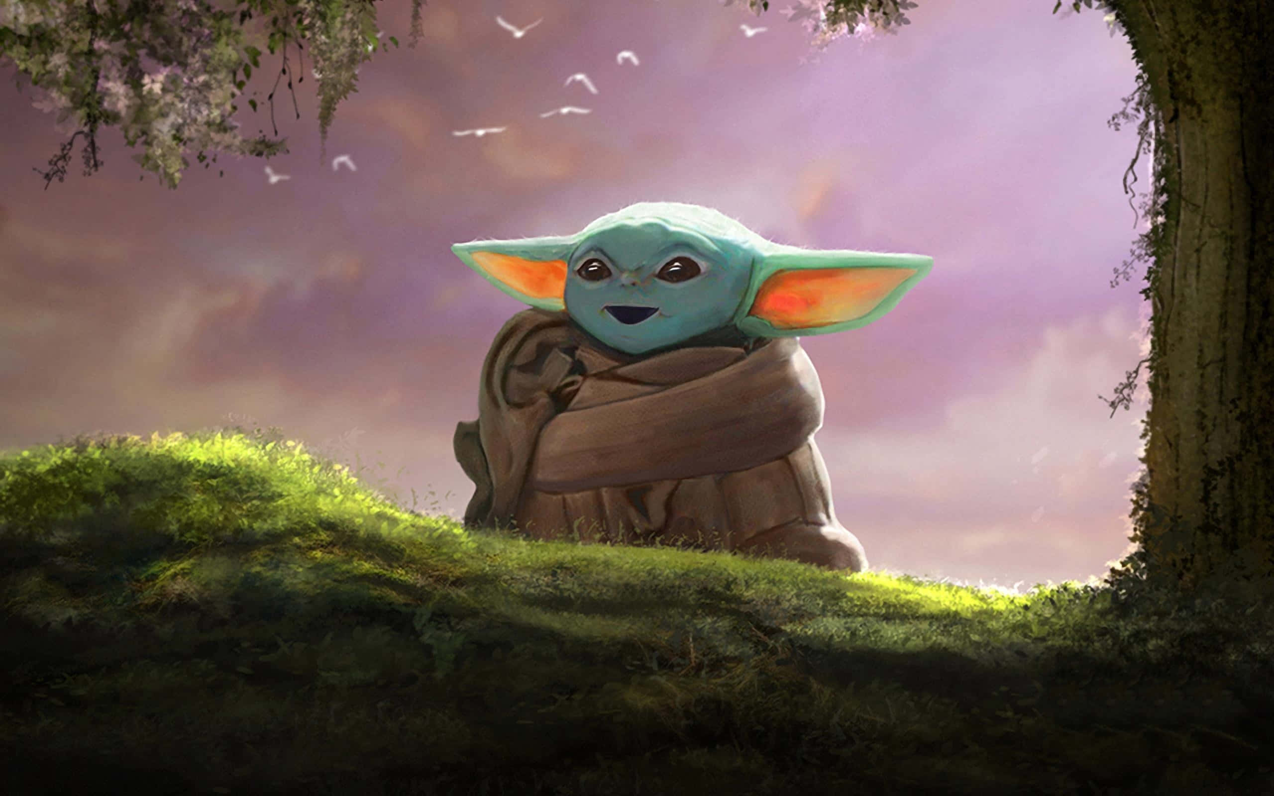 Baby Yoda, green-skinned, brown robe, 2K Desktop Wallpaper
