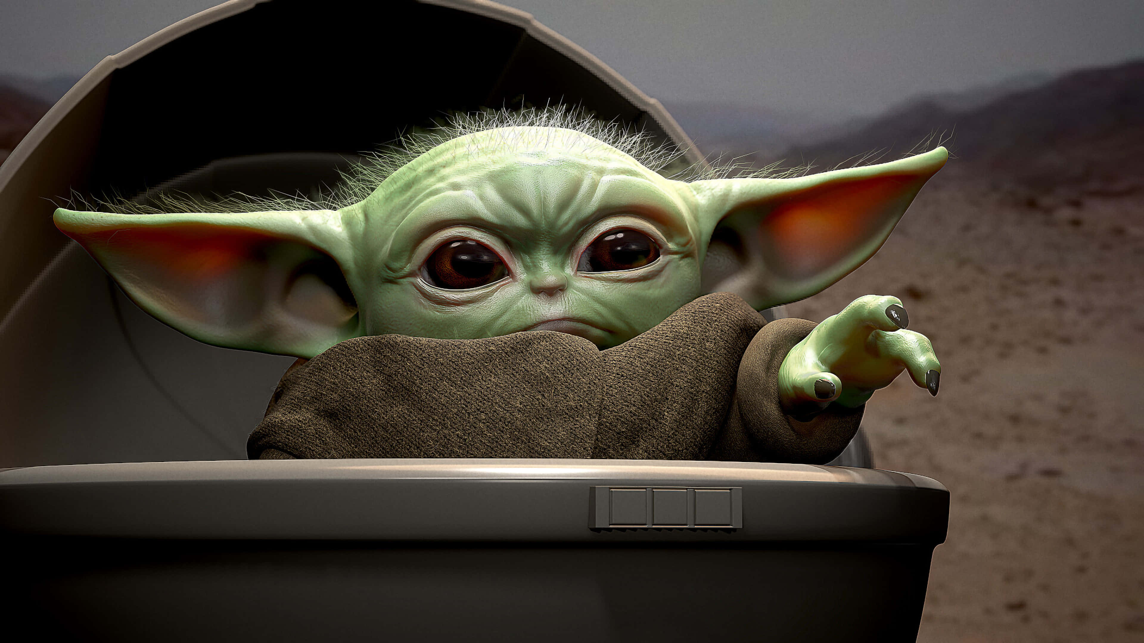 Baby Yoda, green-skinned, spaceship pod, 4K Desktop Wallpaper