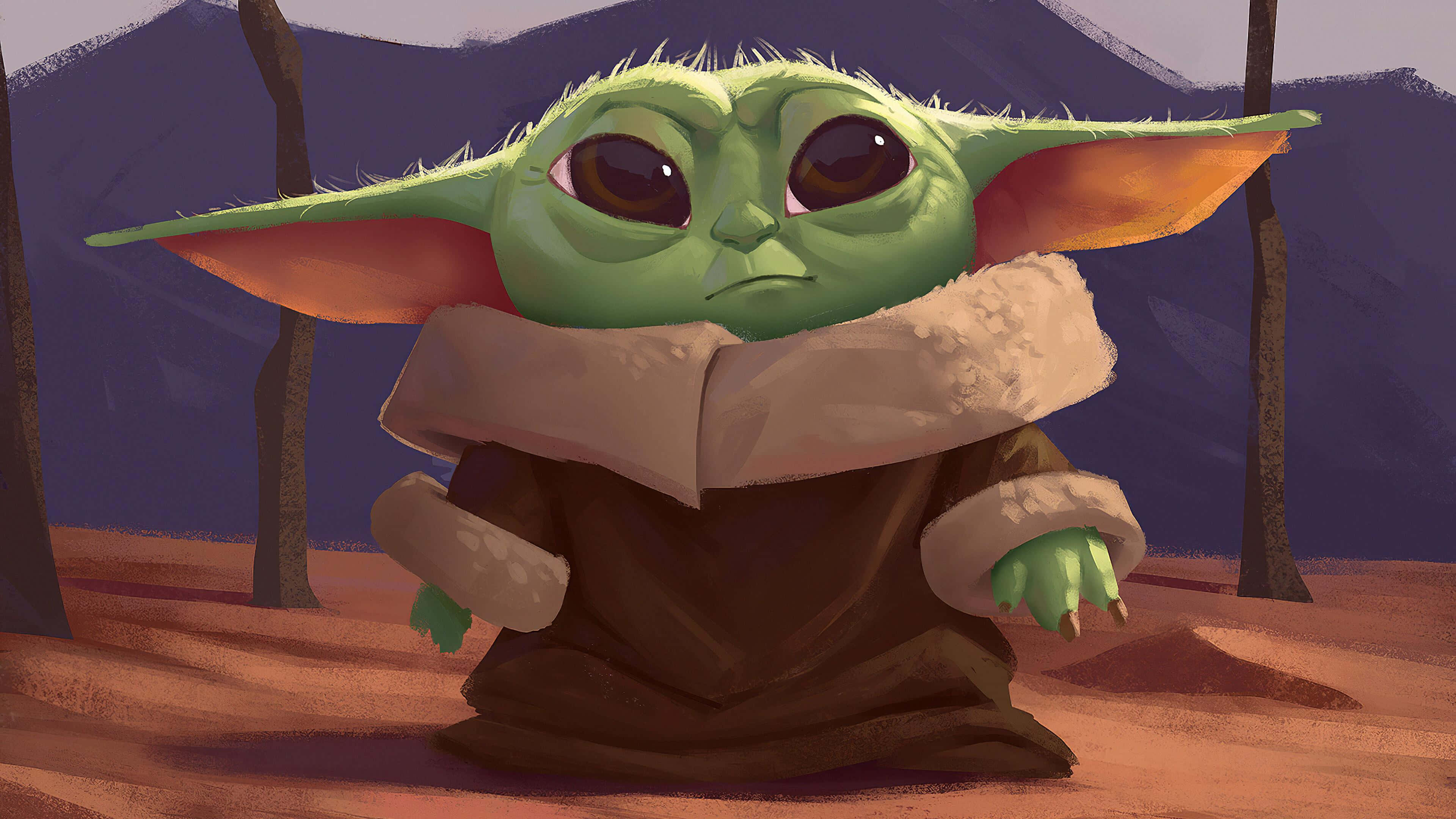 Baby Yoda, green-tinted, brown robe with fur trim, 4K Desktop Wallpaper
