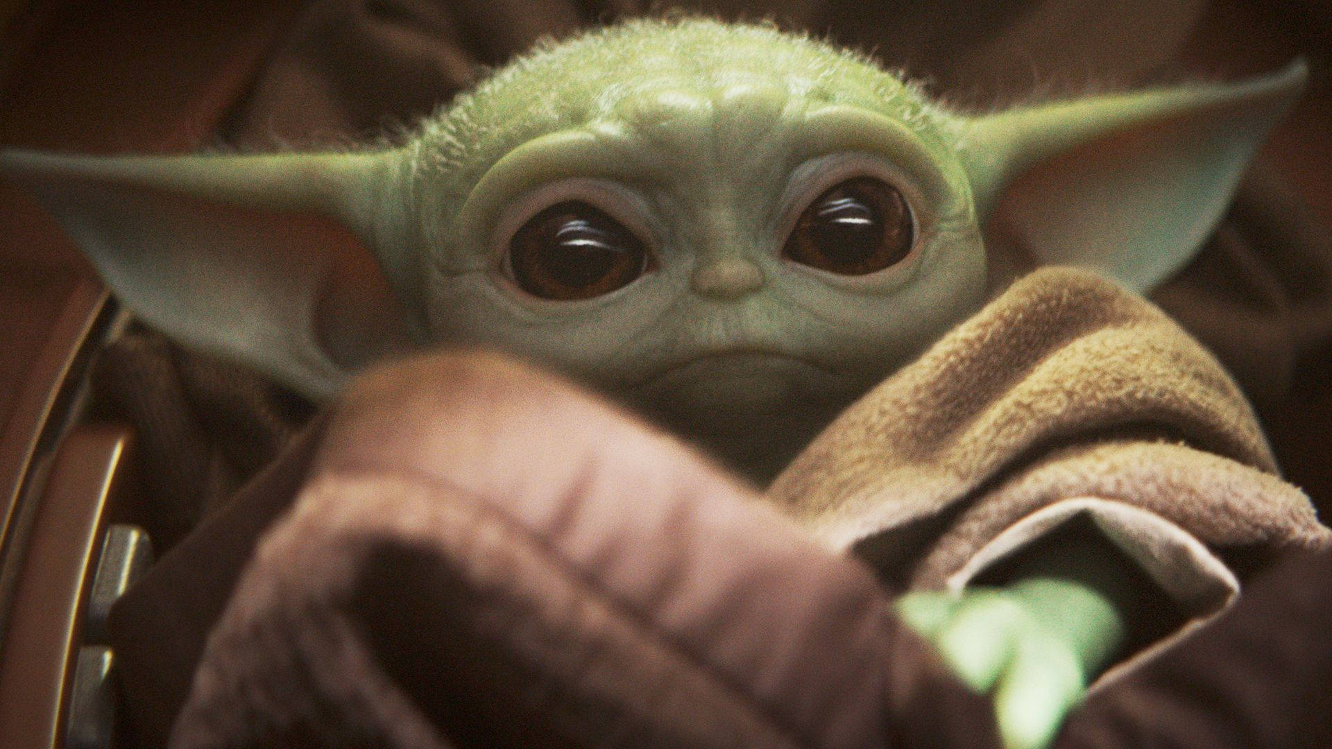 Baby Yoda, green-skinned, brown eyes, Full HD Desktop Wallpaper