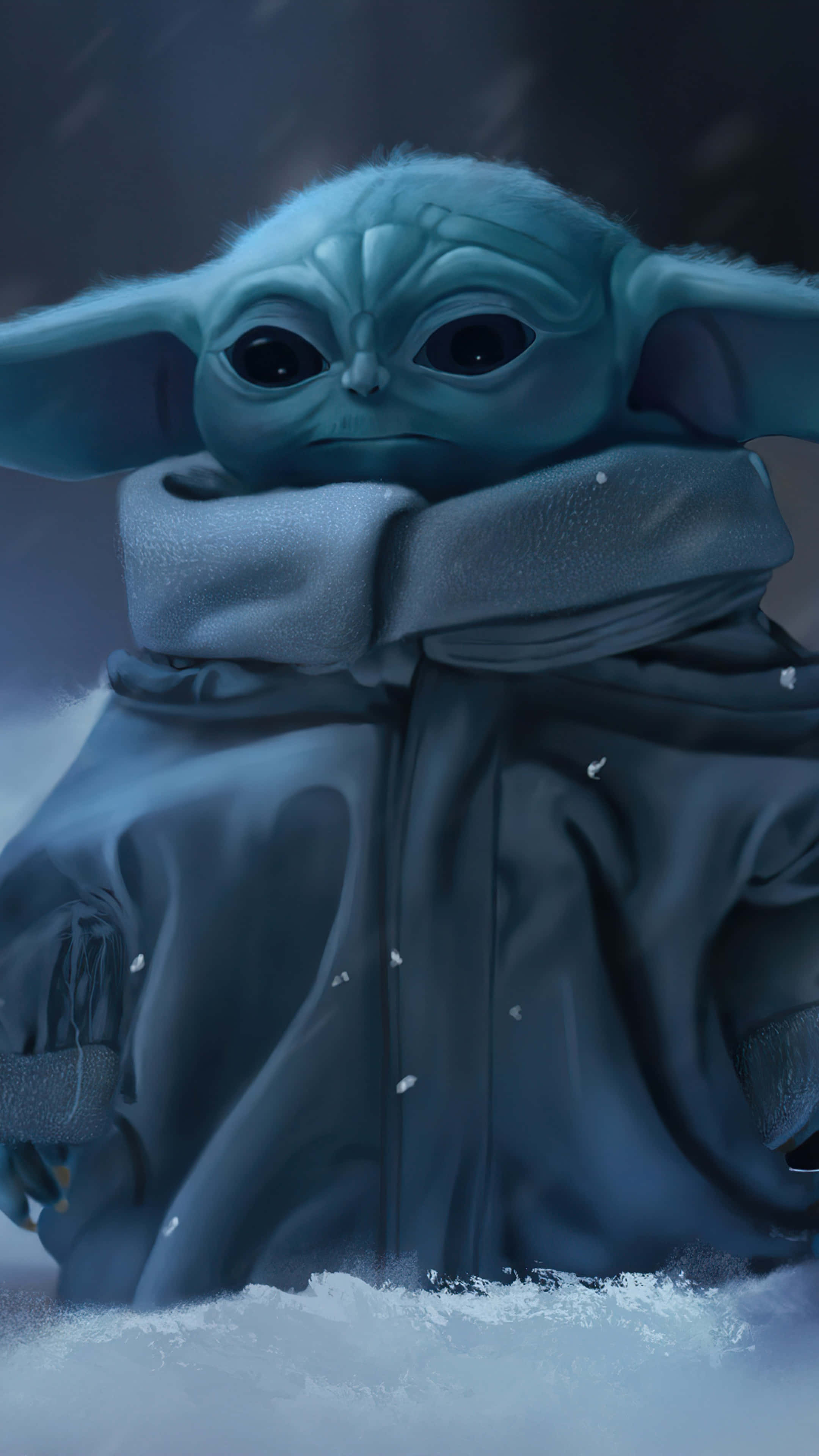 Baby Yoda, blue-skinned, heavy coat, 4K Phone Wallpaper