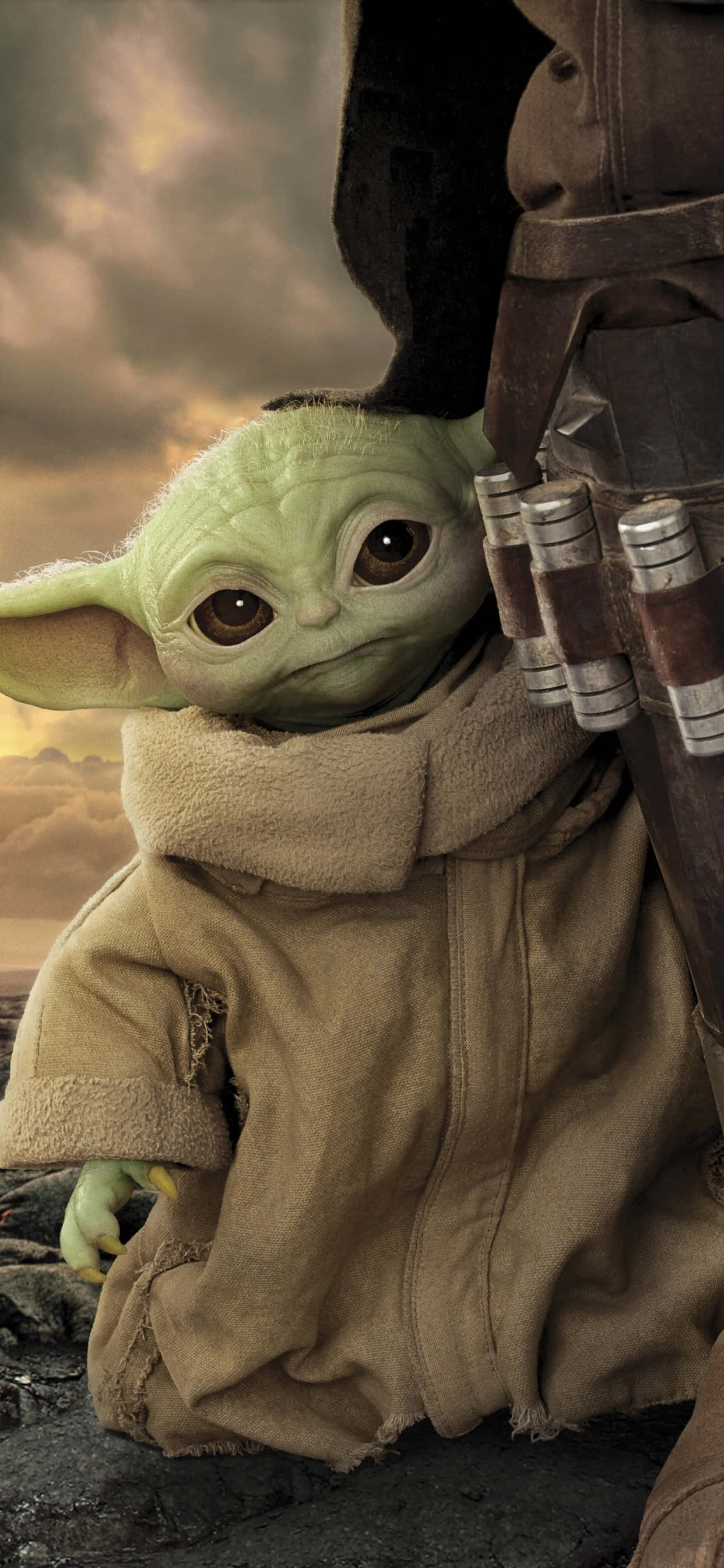 Baby Yoda, green alien child, beige robe, 2K Phone Wallpaper