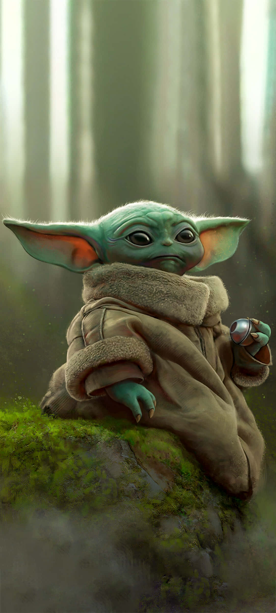 Baby Yoda, mossy rock, misty forest, Full HD Phone Wallpaper