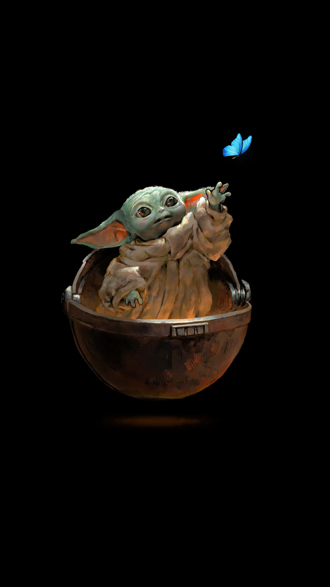 Baby Yoda, blue butterfly, worn metal bowl, Full HD Phone Wallpaper