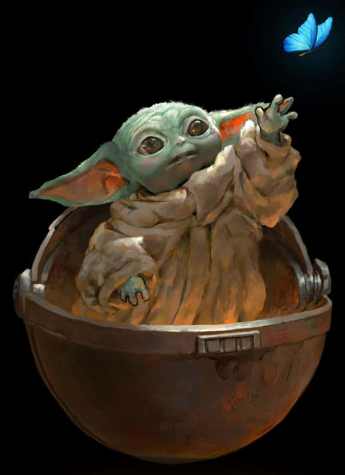 Baby Yoda, green-skinned, worn metal bowl, HD Phone Wallpaper