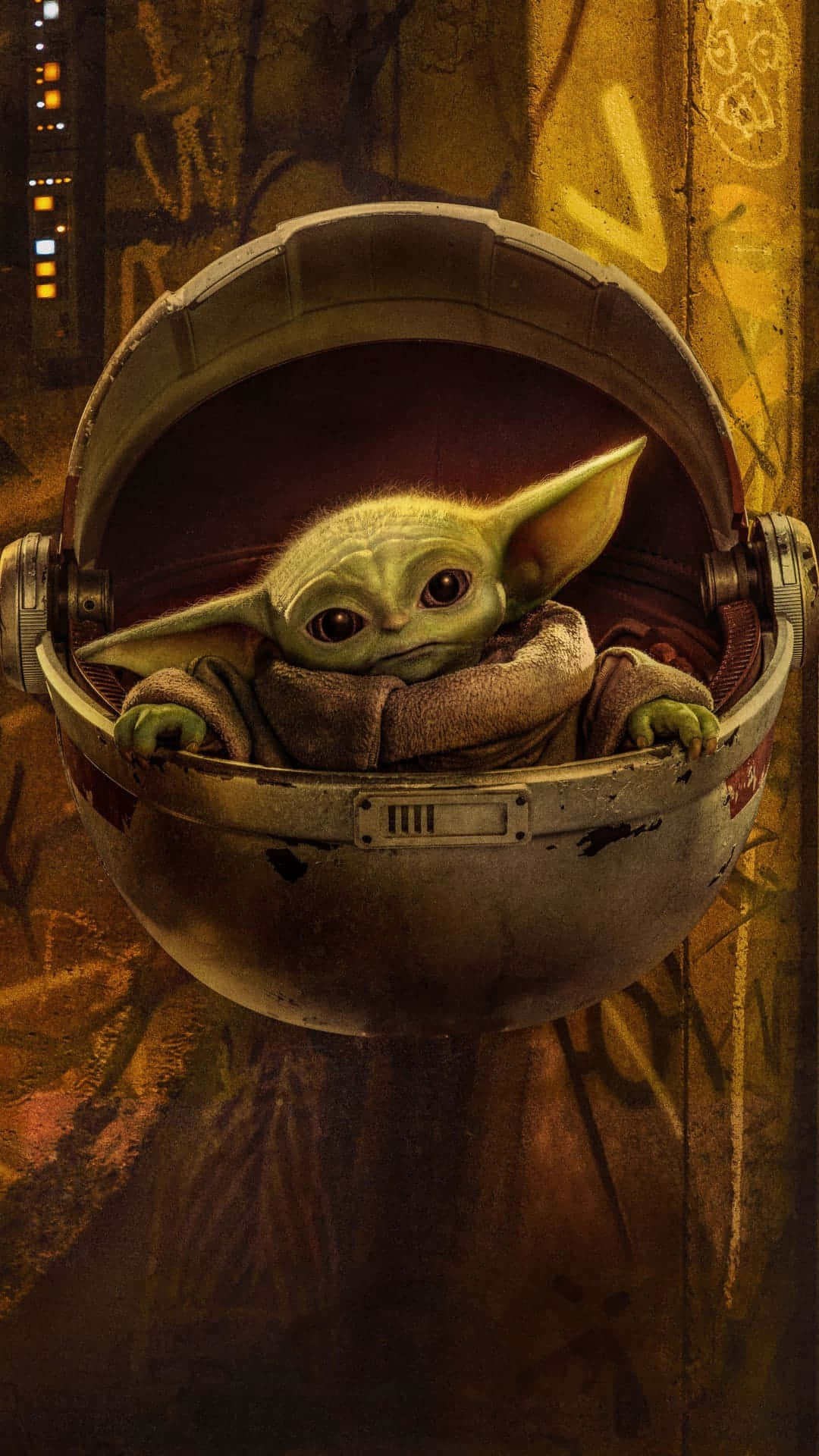 Baby Yoda, green alien, worn helmet, Full HD Phone Wallpaper