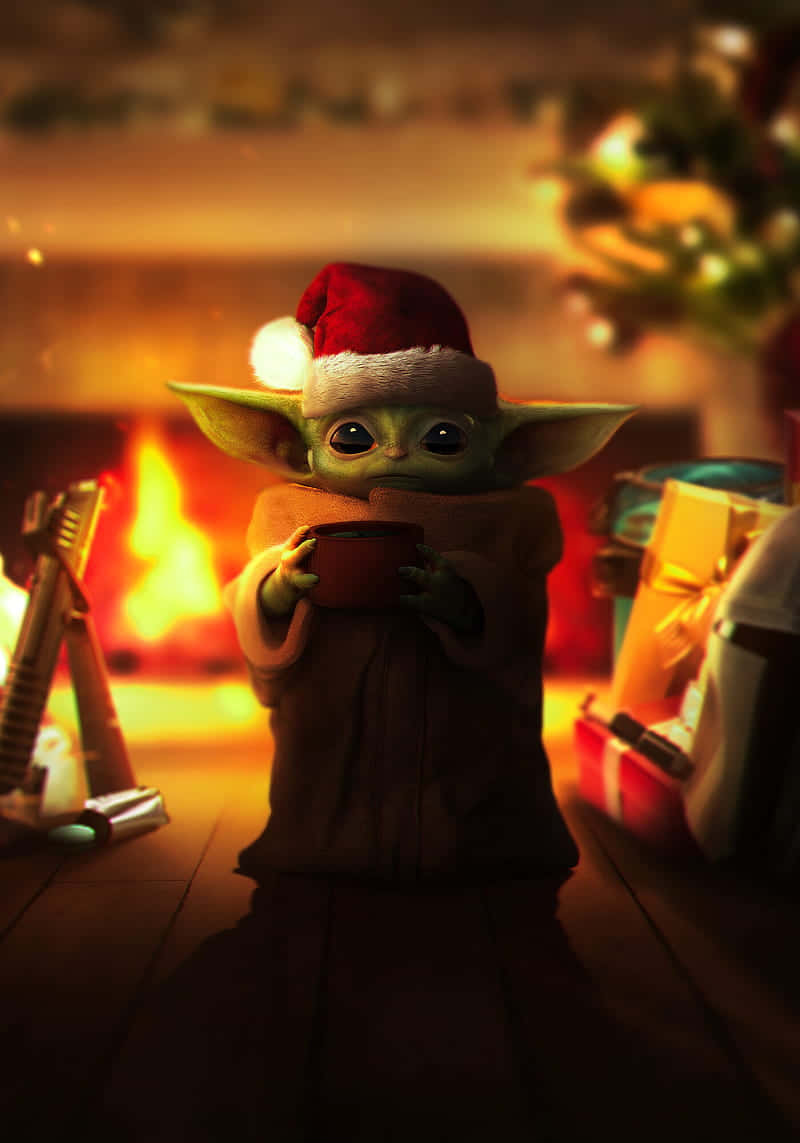 Baby Yoda, Santa hat, mug, SD Phone Wallpaper