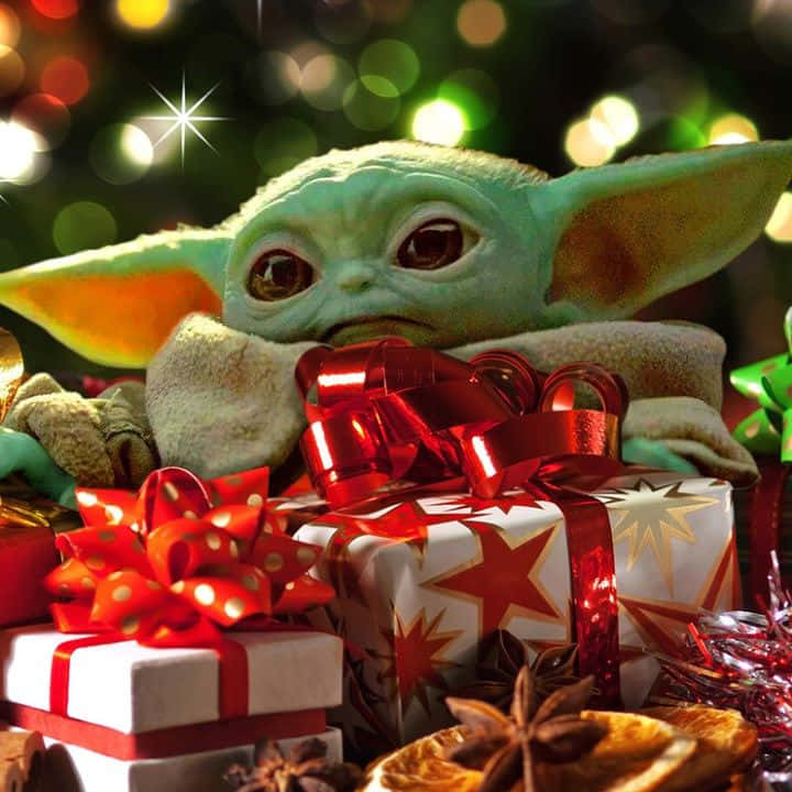 Baby Yoda, green, red bows, SD Desktop Wallpaper