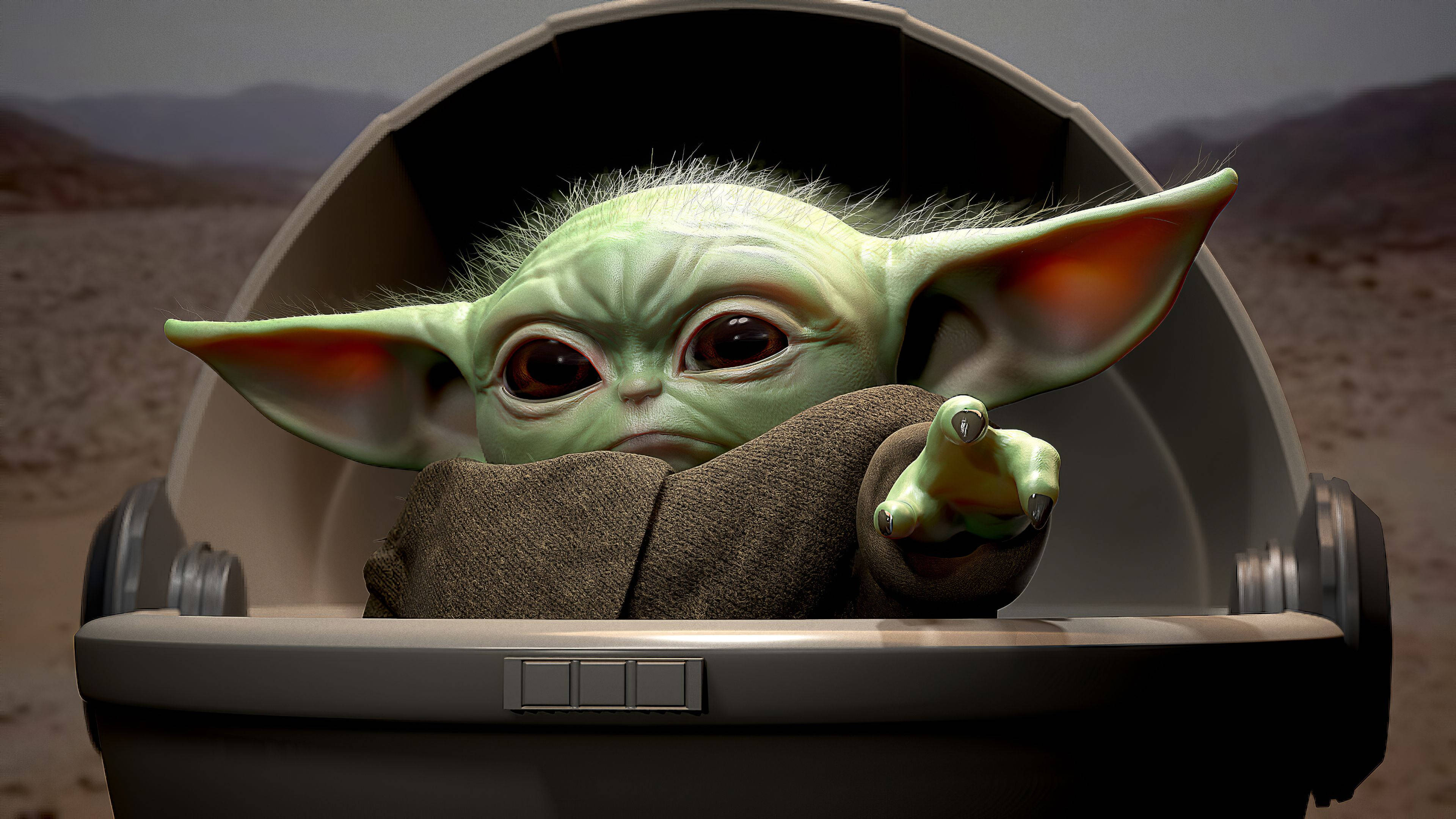 Baby Yoda, green-skinned, spaceship pod, 4K Desktop Wallpaper