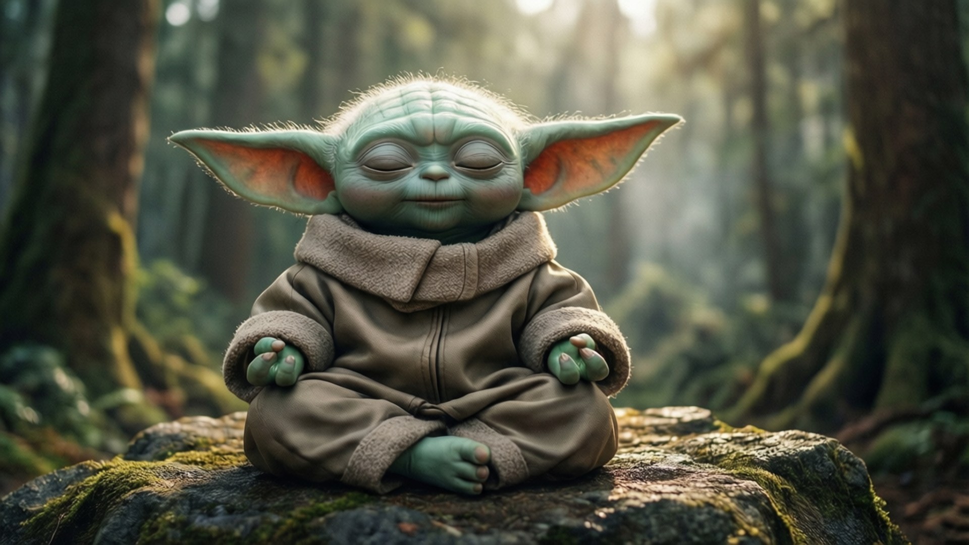 Baby Yoda, mossy forest rock, sunlight, Full HD Desktop Wallpaper