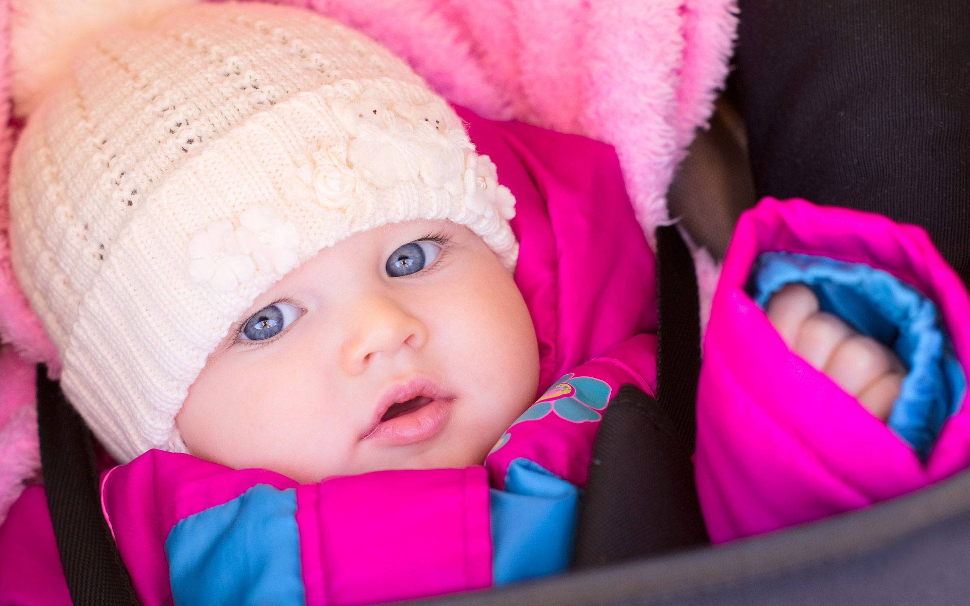 baby, pink bonnet, white knit hat, Full HD Desktop Wallpaper