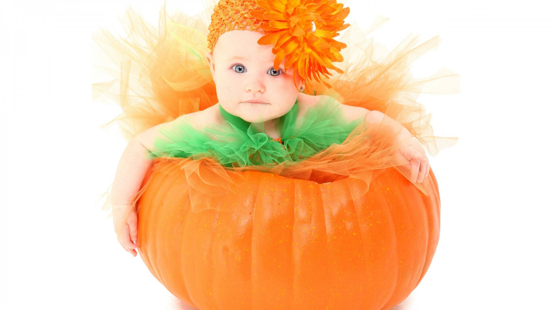 cute baby girl, pumpkin, blue eyes, Full HD Desktop Wallpaper