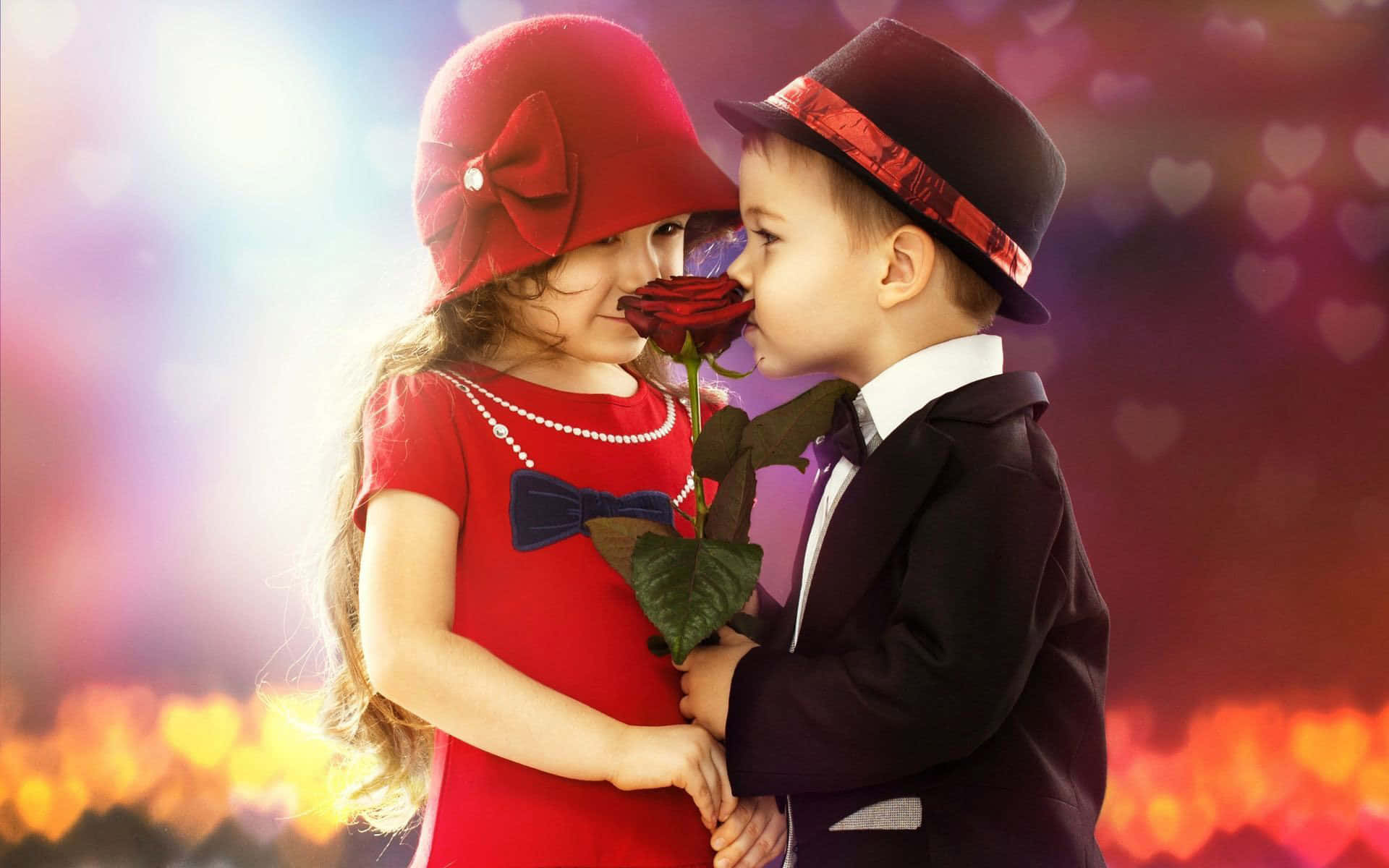 cute baby couple, red rose, vintage attire, Full HD Desktop Wallpaper