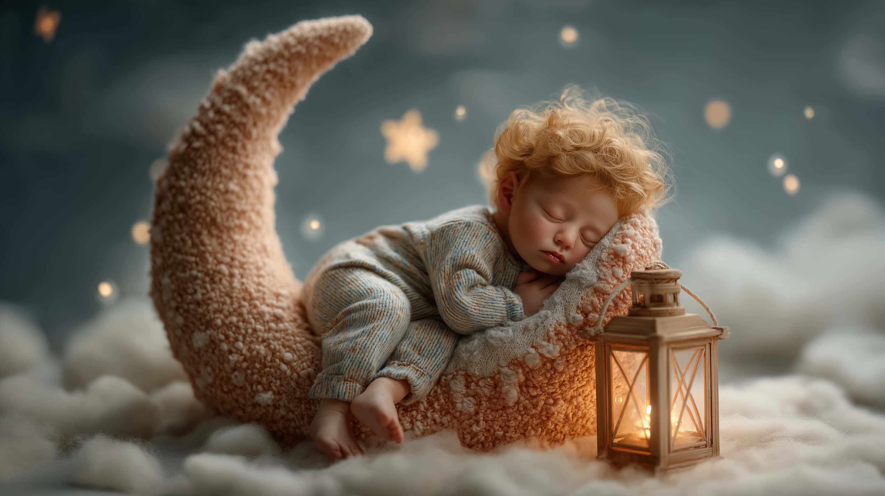 newborn baby, cozy moon, glowing stars, 2K Desktop Wallpaper