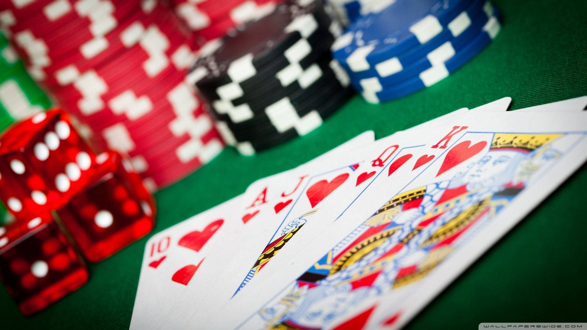 royal flush card, hearts poker cards, green felt table, Full HD Desktop Wallpaper